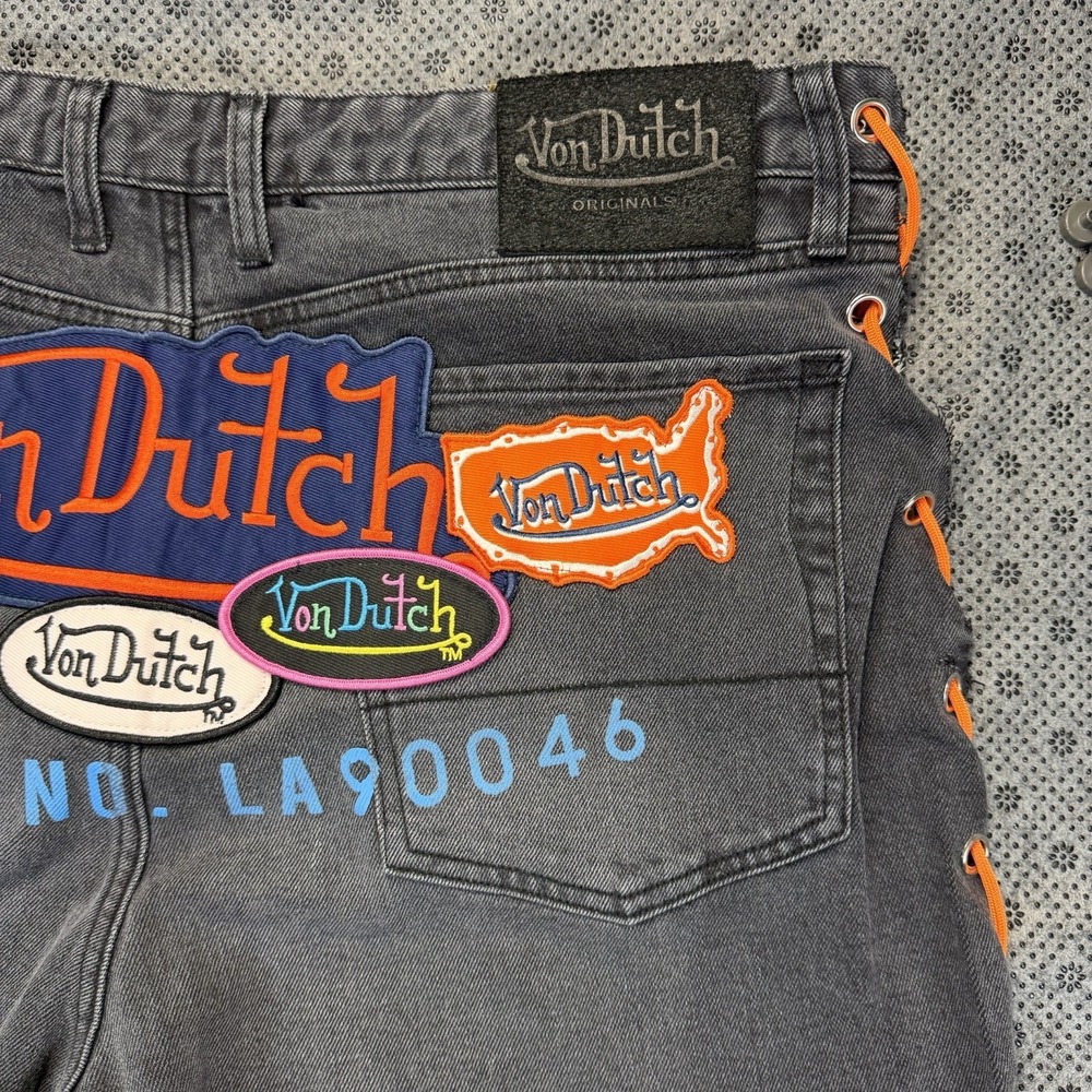 Men's Von Dutch The Reapers Baggy Embroidered Jeans Washed Black Denim Size 36 - Picture 16 of 16